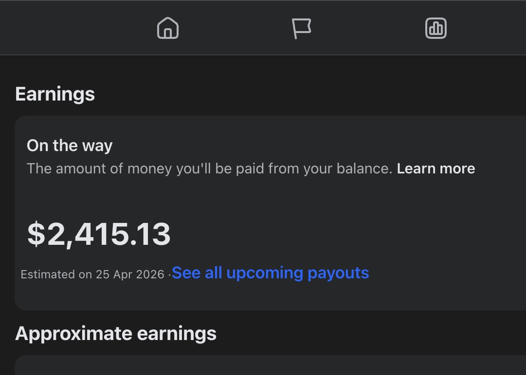 Facebook Payouts showing $2,415.13 on the way, estimated 25 Apr 2026