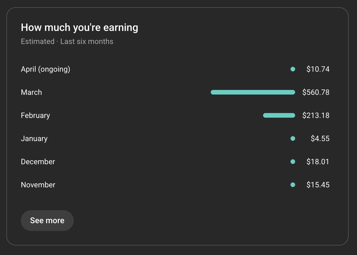 YouTube Studio monthly earnings showing $560.78 in March and $213.18 in February 2026